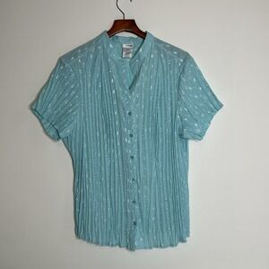 East 5th Top 3X Embroidered‎ Pierced Crinkle Button S/Sleeve Green Spring Easter